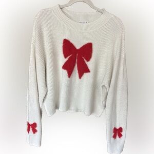 Heart N Crush Bow Coquette Ivory And Red Cropped Women’s Sweater Size Medium
